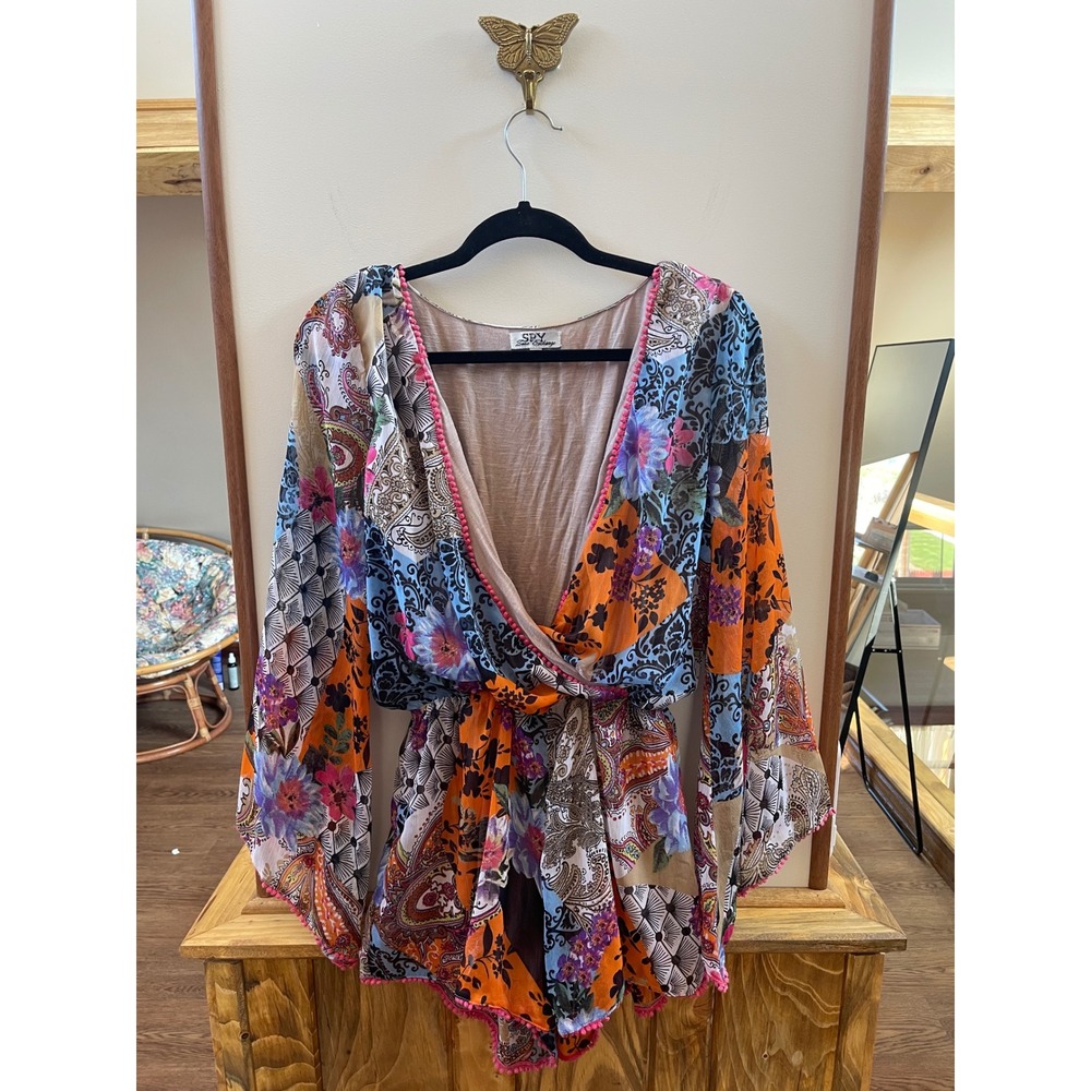 Spy Zone Exchange Patchwork Floral Paisley Pom Pom Trim Bell Sleeve Romper Small